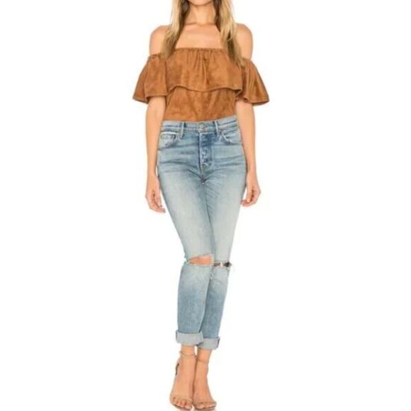 Cupcakes and Cashmere Medium Brown Tan Jennings Faux Suede Off The Shoulder Top - Picture 12 of 12